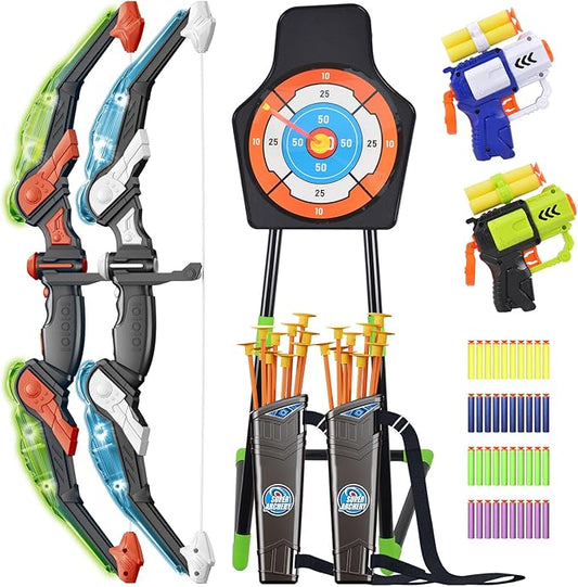 2 Pack Kids Bow And Arrow Set, with LED Light Up Archery, 20 Suction Cup Arrows, 2 Quiver, 1 Standing Target, 2 Soft Dart Guns&50 Soft Darts, Indoor Outdoor Birthday Gifts Toys for Boy Girl Ages 4-12