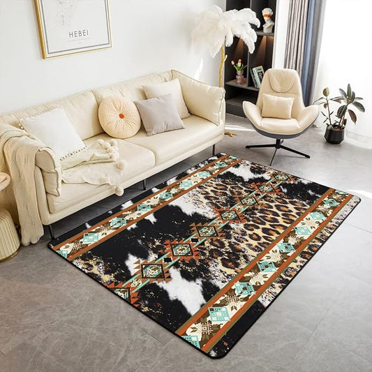 Erosebridal Cowhide Area Rug 5x7, Brown Leopard Print Rug for Living Room, Western Exotic Aztec Cow Print Machine Wash Dry Carpet, Farmhouse Wild Animal Skin Cowboys for Men