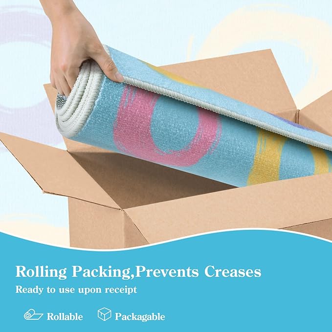 STARUIA Large Classroom Carpet Educational Rug for Kids Room, 6x8.4 Abstract Blue Rug with Colorful Handpainted Circles, Stain-Resistant High-Traffic Kids Area Rug for Playroom Elementary