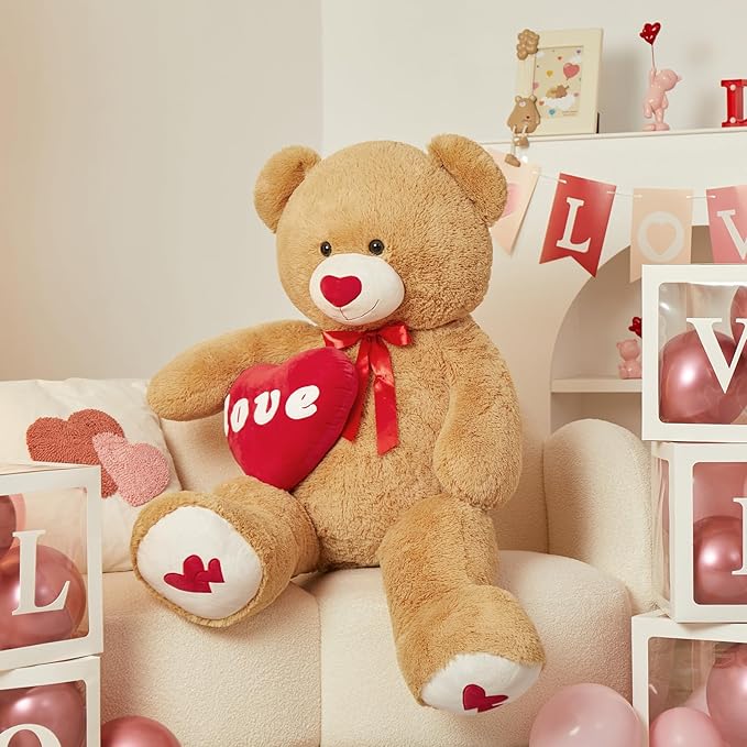 MorisMos Love Heart Giant Teddy Bear 4ft, 51inch Red Heart Large Bear for Girlfriend, Soft Valentine Stuffed Animals Plush Gift for Boyfriend Kids, Brown