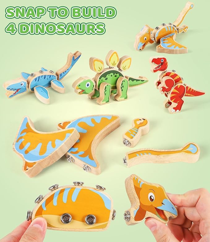 Dinosaur Wooden Toys,Snap on Dino Together Building Blocks,Take Apart Playset, STEM Montessori Educational Fine Motor Skill Learning Birthday Gift for 3 4 5 6+ Years Old Boy Girl Kids