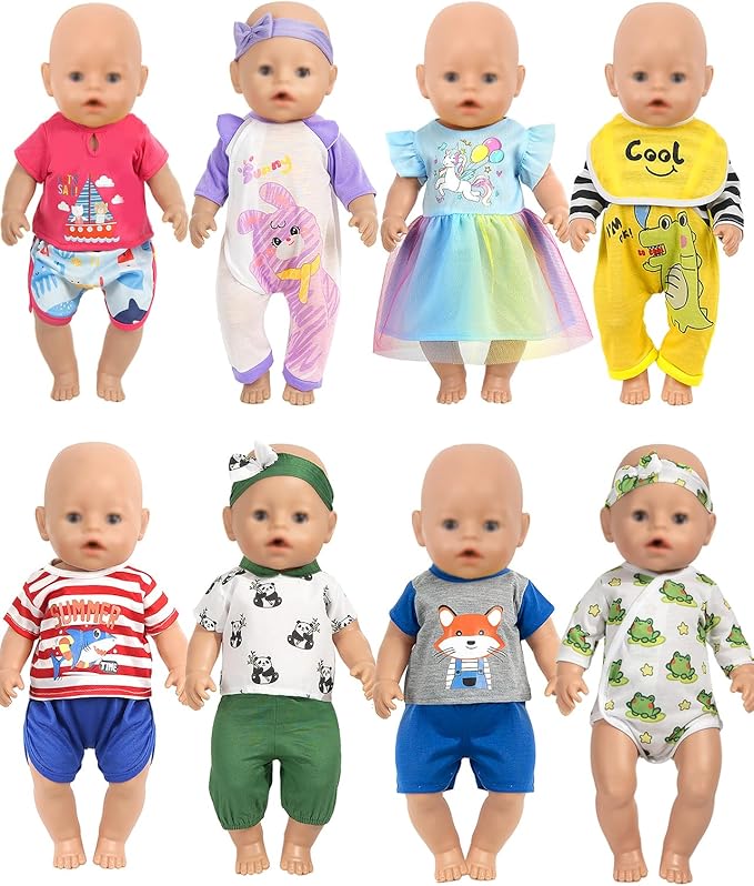 ARTST Baby Doll Clothes,8 Set 14-16 inch Baby Doll Accessories Outfit with Headbands for 43cm New Born,15 inch Bitty,18 inch Girls Boys