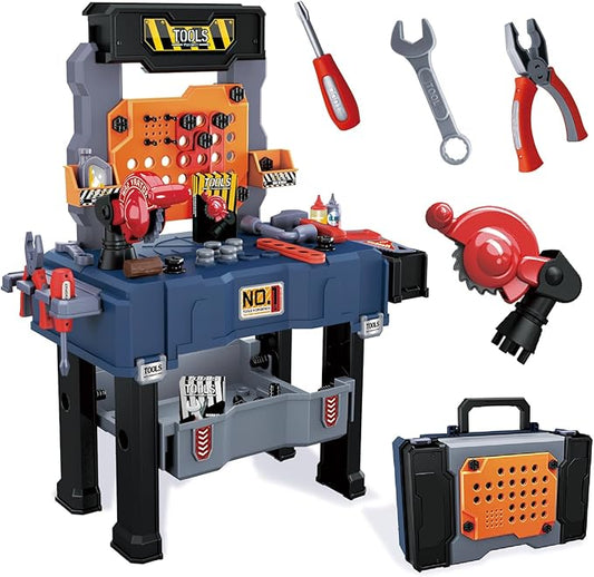 PIXATA Kids Tool Bench, Realistic and Electric Drill, Transformable Tool Set, Toddler Bench Pretend Play Learning Gift for Boys & Girls