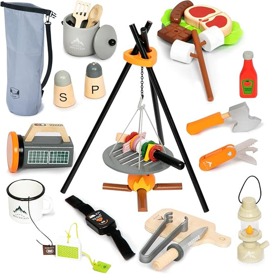 UMU Kids Camping Toys Set, Pretend Play with Campfire, Wooden Camping Playset Cutting Food for Play Kitchen Camping Gear for Kitchen Indoor Outdoor Camping Toys for Kids Toddlers Boys Age 3 4 5 6 7 8+