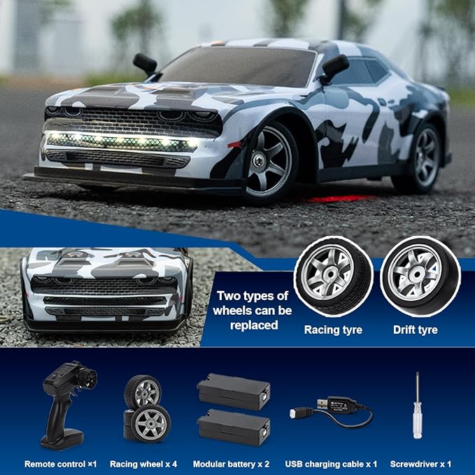 ACAMMZAR 1:16 RC Drift Car, 25KM/H 4WD High Speed Remote Control Cars for Kids, with LED Lights, Two Batteries, Extra Tires, Drift RC Cars for Adults,Black