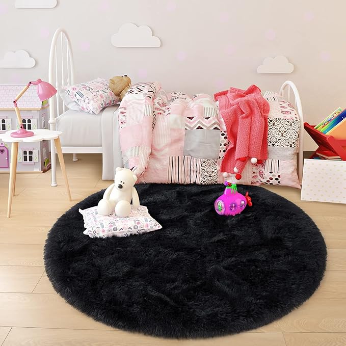 junovo Round Rug 6x6 Feet Fluffy Soft Area Rugs for Kids Girls Room Princess Castle Plush Shaggy Carpet Cute Circle Nursery Rug for Kids Teen's Bedroom Home Decor Large Circular Carpet, Black