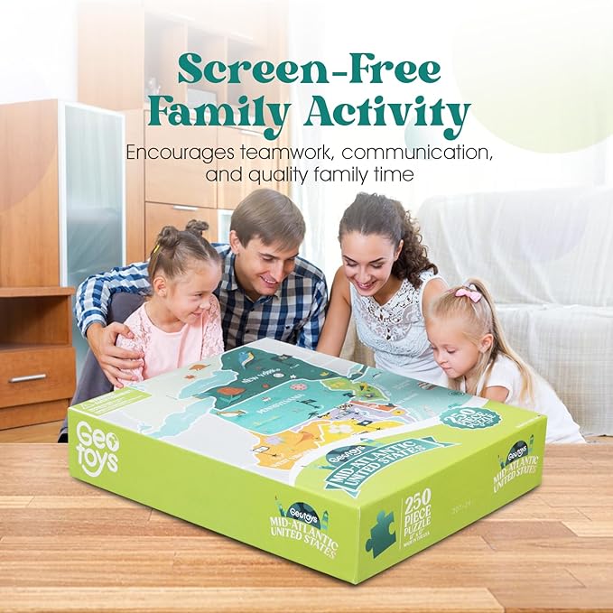 Geotoys Mid-Atlantic Region Jigsaw Puzzle - 250 Piece Puzzle for Kids - Jigsaw Puzzles for Kids Ages 8-12 Years Old - Geography Puzzles with Colorful Landmarks, United States Flag and More