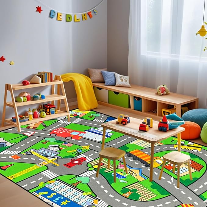 Car Rugs for Kids Toy Cars - Kids Carpet for Playroom Car Track Rug Car Carpet for City Life Road Rug for Playroom Living Room Bedroom, Green, 2'5''×4'