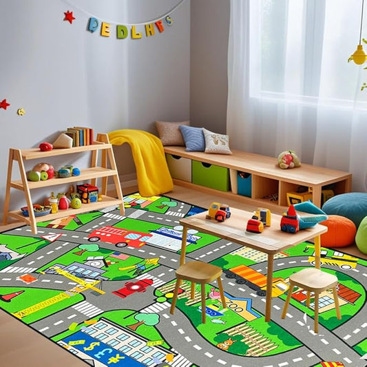 Car Track Rug - Car Rugs for Kids Toy Cars City Life Car Road Rug for Kids Large Kids Play Mat Car Rug for Kids Boys Girls Playroom Living Room Bedroom Classroom, Green, 5'×7'
