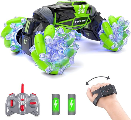 Powerextra LED Gesture Rc Car, 4WD Transform Remote Control Gesture Sensing Car, Double Sided 360° Rotating Off Road Stunt Car with Lights, Toy Car for 6-12 Year Old Boys & Girls