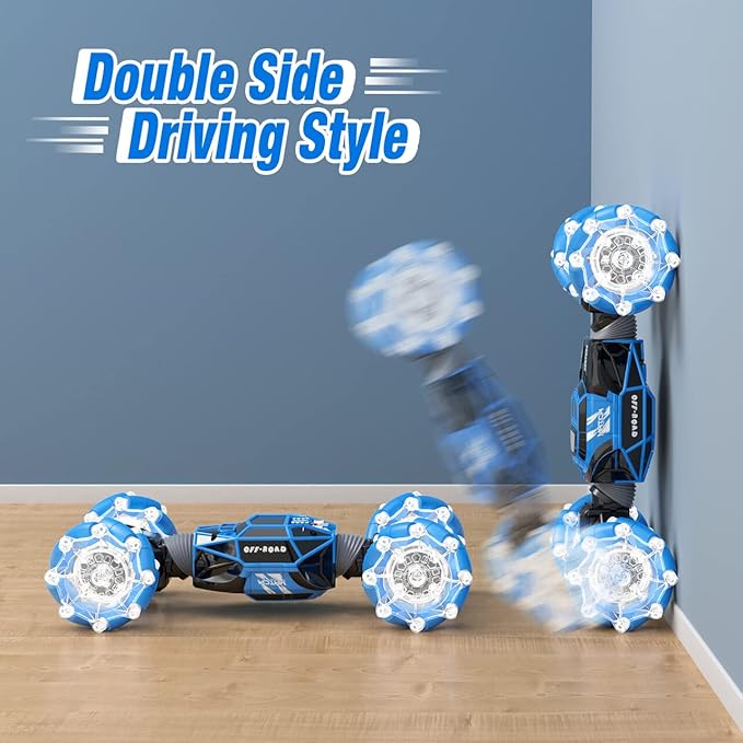 Powerextra Gesture Rc Car, 4WD 2.4GHz Remote Control Gesture Sensing Car, Double Sided 360° Rotating Off Road Rc Stunt Car with Lights & Music, Toy Car for 6-12 Year Old Boys & Girls (Blue)