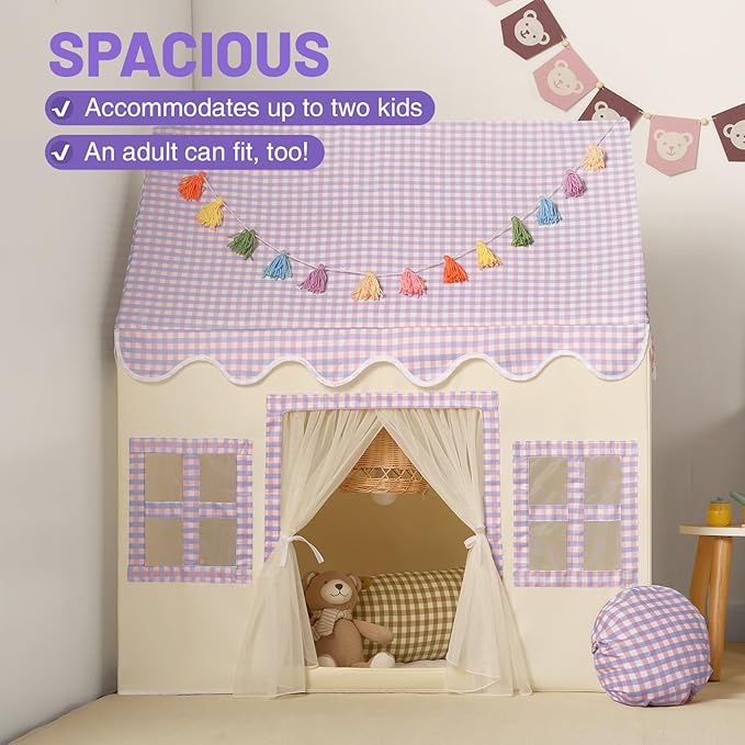 Kids Play Tent Indoor: Mat, Tassel Garland, Star Lights - Purple Checkered Girls Tent Playhouse for Toddlers Kids Toys for Boy Girl Birthday Gift