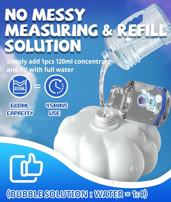 Rechargeable Bubble Machine with LED Light - Make Large Bubbles - 600mL Automatic Cloud Airplane Bubble Maker for Kids - Party Birthday Gifts Outdoor Toys for Toddlers Ages 3+ Boys Girls