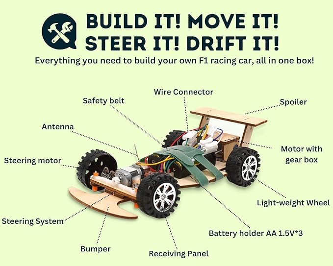 Wooden Wireless Remote Control F1 Racing Car Science Kit to Build (3 Pack of Green)