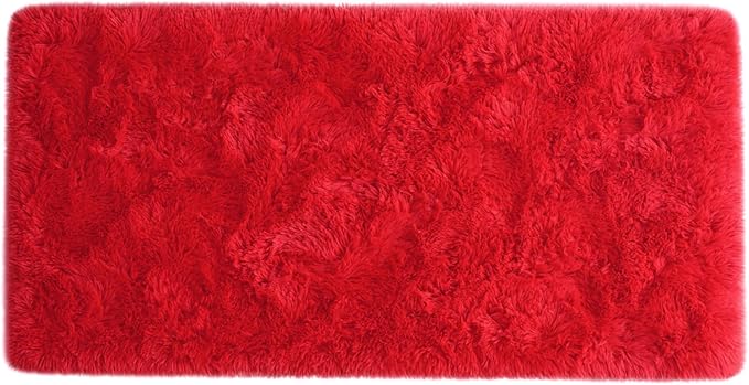 Amearea Shag Fluffy Small Rug, 2x4 Feet Throw Rugs for Bedroom Girls Living Room, Extra Soft and Fuzzy Shaggy Carpet, Non Slip, Solid Color Nursery Home Floor Decor Carpets, Red