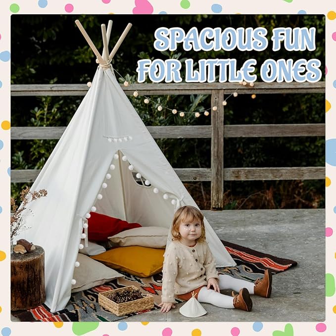 4 PCS Teepee Tent for Kids,Washable Tapered Kids Teepee Tent,Bohemian White Collapsible Sleepover Tents,for Boys and Girls Sleepover Pajamas Party Birthday SPA