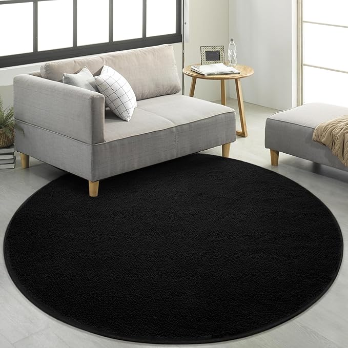 FlyDOIT Round Area Rugs for Bedroom Living Room, 4x4 Black Super Soft Comfy Thickened Memory-Foam Indoor Circle Carpet, Modern Aesthetic Minimalist Carpet for Boys Girls Adults Nursery Home Décor