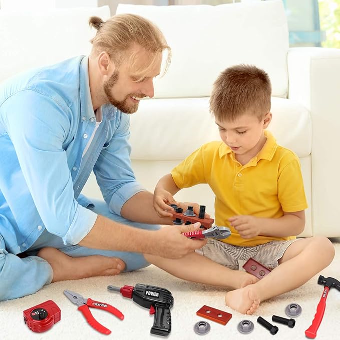 LOYO Kids Tool Set - Pretend Play Construction Toy with Tool Box Kids Tool Belt Electronic Toy Drill Construction Accessories Gift for Toddlers Boys Ages 3 , 4, 5, 6, 7 Years Old (red)