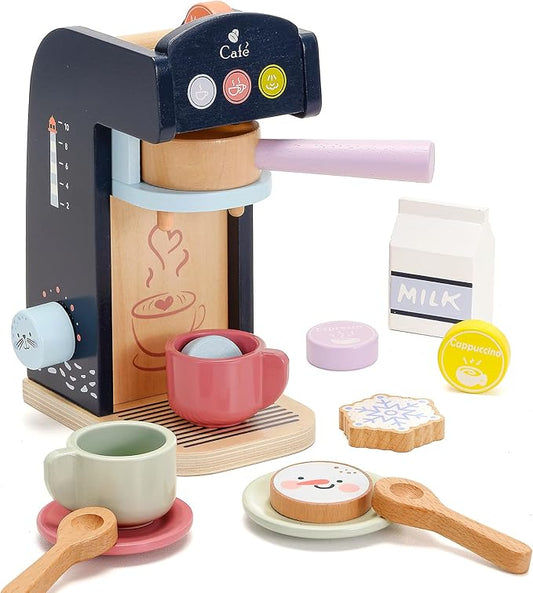 PairPear Kids Coffee Maker Wooden Kitchen Playset, Wooden Toys Play Coffee Maker Set with Play Food for Kids, Toddler Play Kitchen Accessories Gift for Girls and Boys 3+