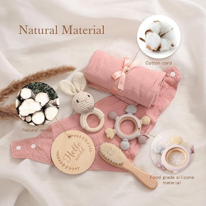 Baby Gift Set for Newborn, New Baby Bath Gift Set 6 Pcs, Baby Essentials Shower Set with Bath Towel, Teether, Rattle Toy, Drool Towel, Brush, Wooden Milestone for Girls Boy