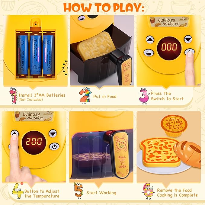 GAGAKU Kids Air Fryer with Play Food Toddler Chefs Pretend Play Food Toys Oven with Light & Sound and Play Food Grill Cooking Utensils,Cooking Toys for 3-8 Year Old Girls Boys Gift