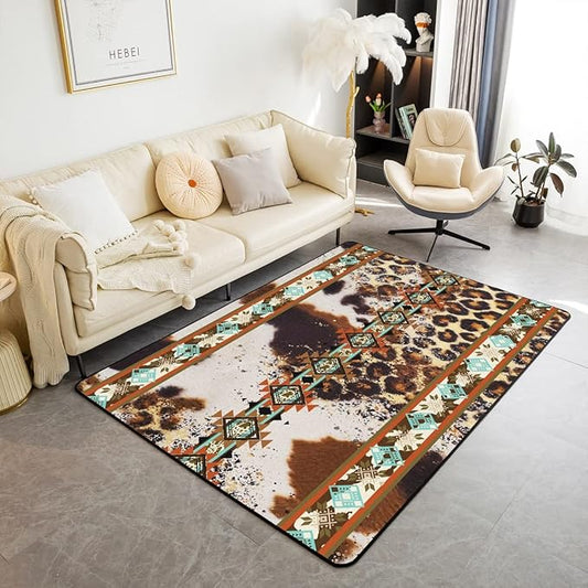 Erosebridal Cowhide Area Rug 5x7, Brown Leopard Print Rug, Western Rugs Exotic Aztec Cow Print Carpet for Bedside, Farmhouse Wild Animal Skin Cowboys Living Room Rugs for Men