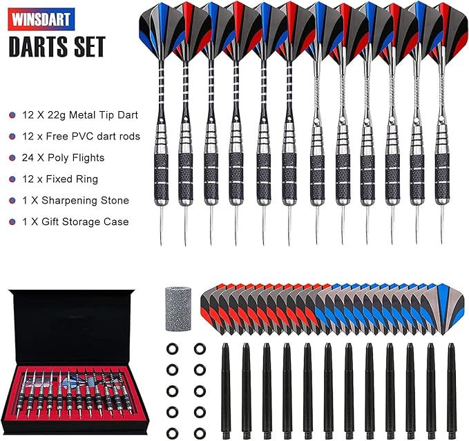 Darts Metal Tip Set Professional Metal Darts for Dartboard Steel Tip Darts with Nonslip Iron Barrel Aluminum Dart Shafts,Extra Flights,Dart Sharpener,Gift Box