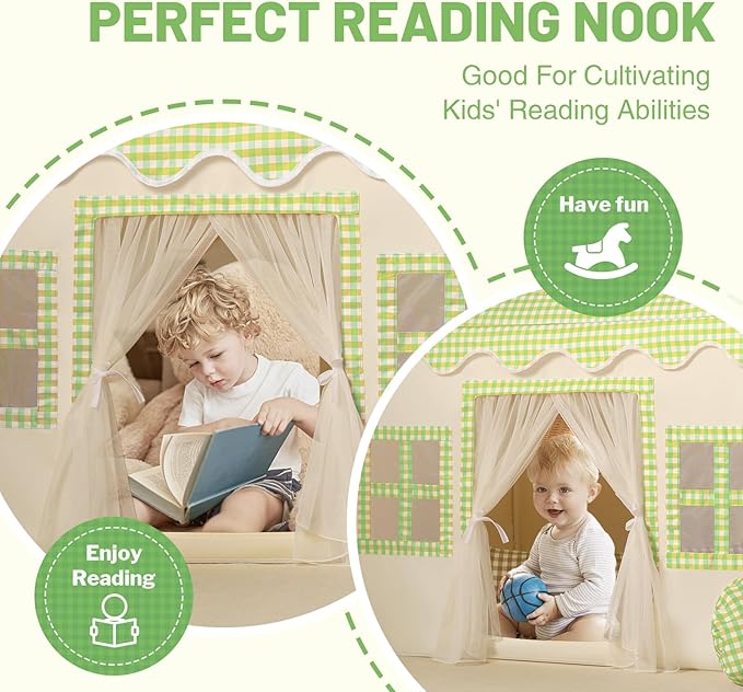 Kids Play Tent Indoor: Mat, Tassel Garland, Star Lights - Green Checkered Boys Tent Playhouse for Toddlers Kids Toys for Boy Girl Birthday Gift