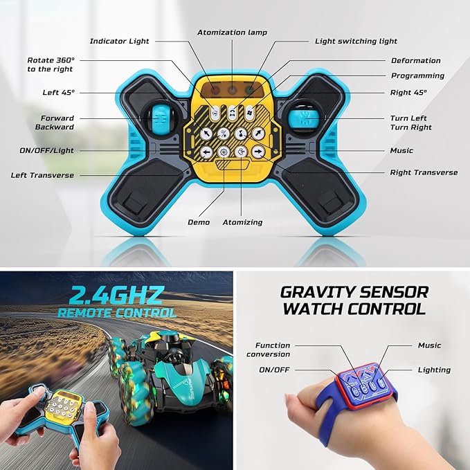 DEERC Gesture Sensing RC Stunt Car with Fog Mist & Music, 4WD Hand Controlled Remote Control Drift Car Toy for Kids, All Terrain Off-Road Double-Sided Driving with Lights, Birthday Gift for boy