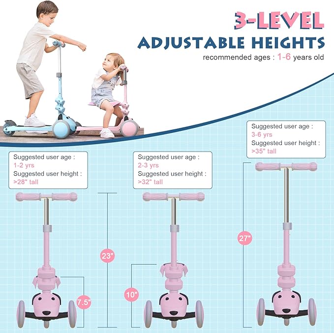 MOUNTALK Kids Scooter for Ages 1-12 Years, 3 Wheels Toddler Scooter for Children Age 1-3/3-5/5-8/8-12 Boys and Girls with Adjustable Heights and LED Wheels