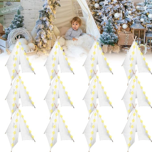 12 Packs Teepee Tent for Kids with 10FT String Lights, Play Teepee Tent for Girls & Boys, Indoor Outdoor Foldable Tents for Birthday Party Boho Sleepovers Party Pajama Party (White)
