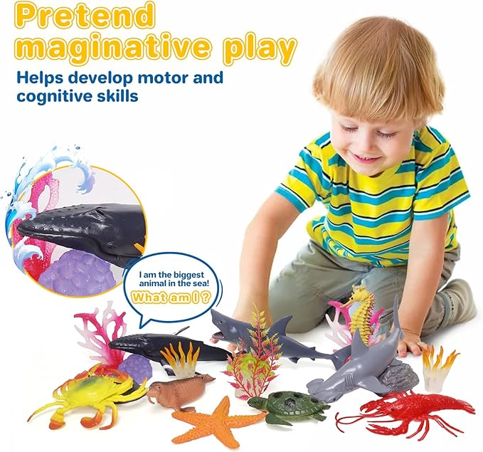 Ocean Sea Animal Figure Toys for Kids 3-5, Realistic Sea Life Figures Animal Toys Sand Toys Beach Bath Playset Include Shark, Whale, Corals, Seagrass, Crab, Octopus, Turtle for Toddler, Boys & Girls