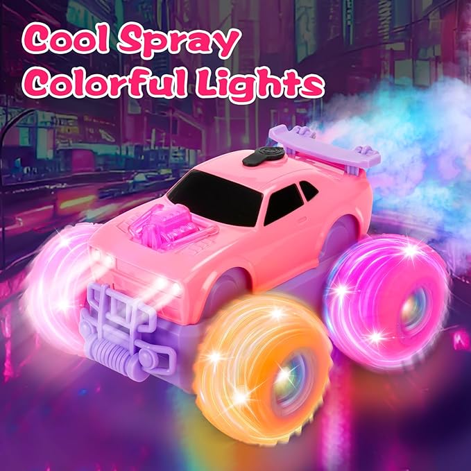 Pink Remote Control Car for Girl, 4WD RC Stunt Car with DIY Sticker, Headlight, Flashing Wheel Light, Rotation, Spin and Spray, Toy Cars for Girl Age 4-6 6-8 Birthday Gift