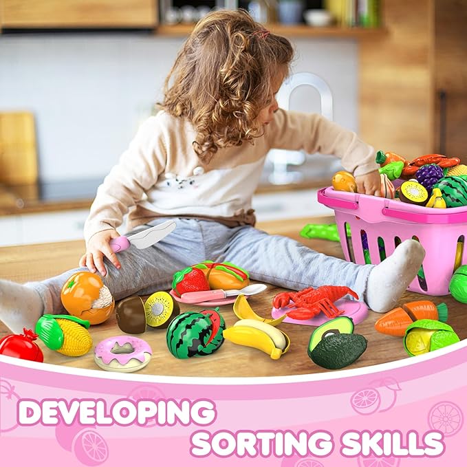 94 Pcs Cutting Play Food Set for Kid Kitchen (45 Items), Pretend Play Food with Shopping Basket, Fake Food Accessories with Fruit Vegetable Toy for Toddler, Educational Gift for Little Girl Birthday
