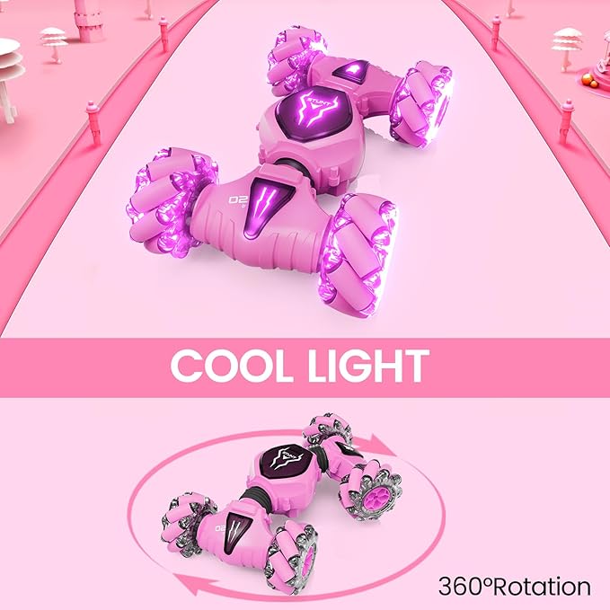Tecnock Remote Control Car RC Cars for Girls, 2.4GHz 4WD Gesture Sensing RC Stunt Car Toys - 360° Rotating Double Sided Hand Controlled RC Car with Lights, Gifts for Kids, Pink