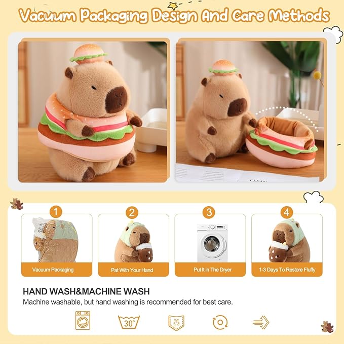 Capybara Plush Toy Kawaii Stuffed Animals with Hamburger Costume Soft Cute Plushies Capybara Doll for Girls Boys Kids Birthday Valentine Gift Room Decor 12 Inch