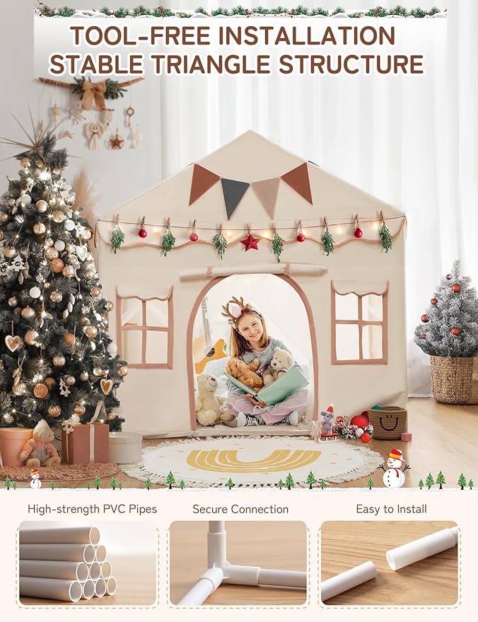 besrey Kids Tent, Kids Playhouse 2 in 1 with Padded Mat and Lights, Large Play Tent with 2 Doors & 4 Windows, Kids Play Tent Indoor & Outdoor, Christmas Toddler Tent for Kids, 51" x35" x 51"