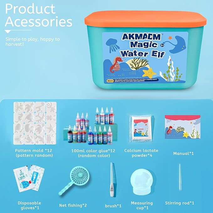 Magic Water Elf Toy Kit for Kids - Aqua Fairy Water Gel Kit - 12 Colors*100ml Squishy Maker Set - 12 Shape Molds - Arts & Crafts Water Elf Creation kit - Children's DIY Marine Life (12 Colors)