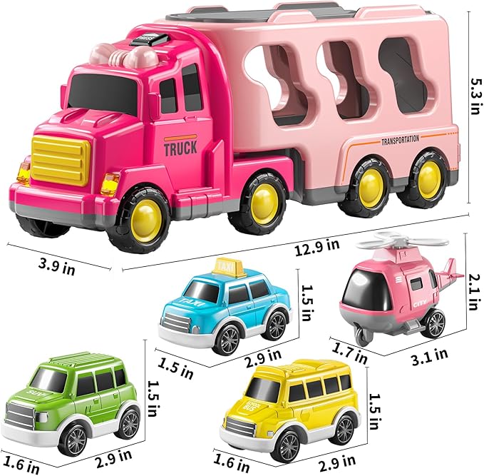 TEMI Girls Toddler Truck Toys for 3 4 5 6 Year Old, 5-in-1 Friction Powered Vehicle Car Set for Toddlers 3-6, Carrier Toys for Kids 3-5, Christmas Birthday Gifts for Boys Age 3-9