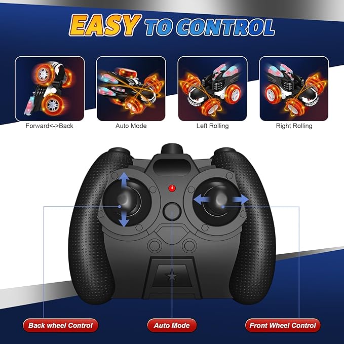 Remote Control Car for Boys, 2.4GHz 4WD RC Stunt Cars with 360° Flips, LED Lights Cool Toys, Rechargeable USB-C, Monster Toy, Birthday Gift for Kids Boy Ages 3-8