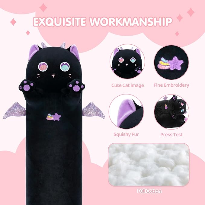 Long Cat Plush Body Pillow, Cute Purple Big Eyes Cat Stuffed Animals Kawaii Plushies, Squishy Body Pillow Plush Toys for Kids Girls Boys (44 Inches)