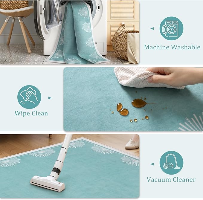Modern Washable Bedroom Rugs 5x7, Low Pile Soft Teal Rug for Living Room, Aqua Sun Printed Dining Room Rugs for Under Table Throw Carpets for Nursery Kids Room(5'x7',Teal)