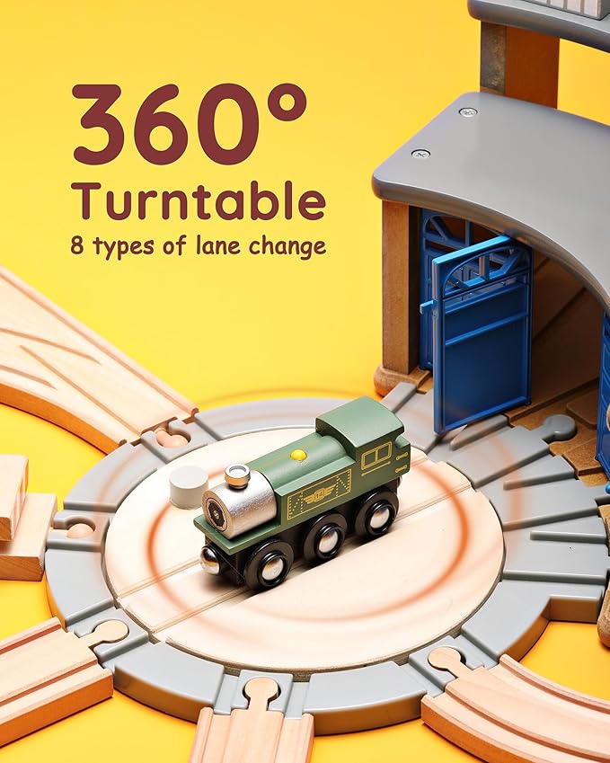 SainSmart Jr. Wooden Train Track with Roundhouse - Railway Toy for Toddlers, Double-Side Tracks Compatible with with All Major Brands - Wood Toy Train for Aged 3+