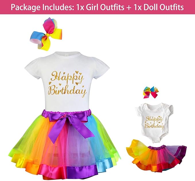 ZITA ELEMENT Birthday Clothes Outfits for Girls Matching Dolls - 1 Cotton Shirts with Sequins Rainbow, 1 Rainbow Tutu Skirts and 1 Bow Hair Clips for 7-9 Years Girls and 18 Inch Girl Dolls