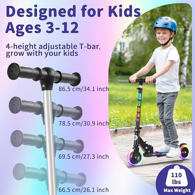 BELEEV V3 Scooter for Kids with Light-Up Wheels & Stem & Deck, 2 Wheel Folding Scooter for Girls Boys, 4 Adjustable Height, Lightweight Kick Scooter with Handy Kickstand for Children Ages 3-12