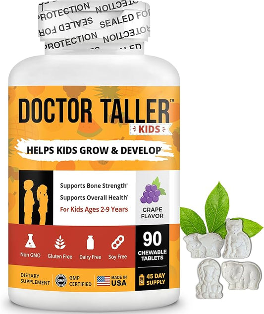 Doctor Taller Kids - Kids Multivitamins, Toddler Vitamins - Support Bone Strength, Enhanced Immunity with Calcium, Multivitamins for Ages 2 to 9 - Grape Flavor - 90 Vegan Chewable Tablets | 1 Pack