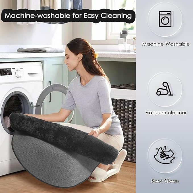 Black Round Rug 7Ft for Bedroom Aesthetic, Fluffy Plush Circle Area Rugs for Living Room, Large Big Fuzzy Modern Cool Carpet for Baby Kids Teen Boys Mens, Office Playroom Nursery Apartment Home Decor