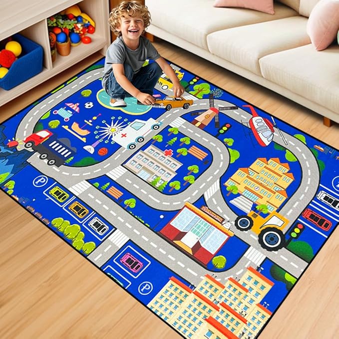 Car Rugs for Kids Toy Cars - Kids Carpet for Playroom Car Track Rug City Life Road Rug for Playroom Living Room Bedroom Classroom Decor, Blue, 2'5''×4'