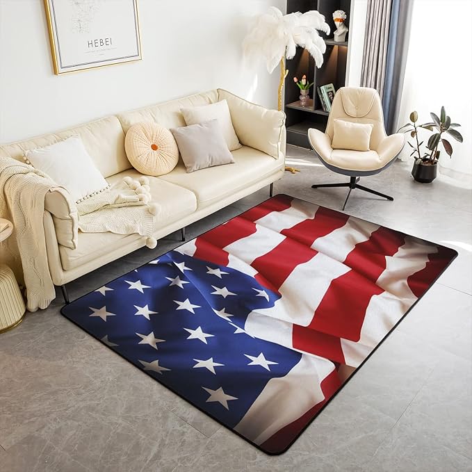 Erosebridal American Flag Area Rug 5x7, United States Rug for Kids Boys Teens, USA Federations Stars Carpet, Geometric Stripes Non Slip Blue White and Red Decorative Rug for Bedroom