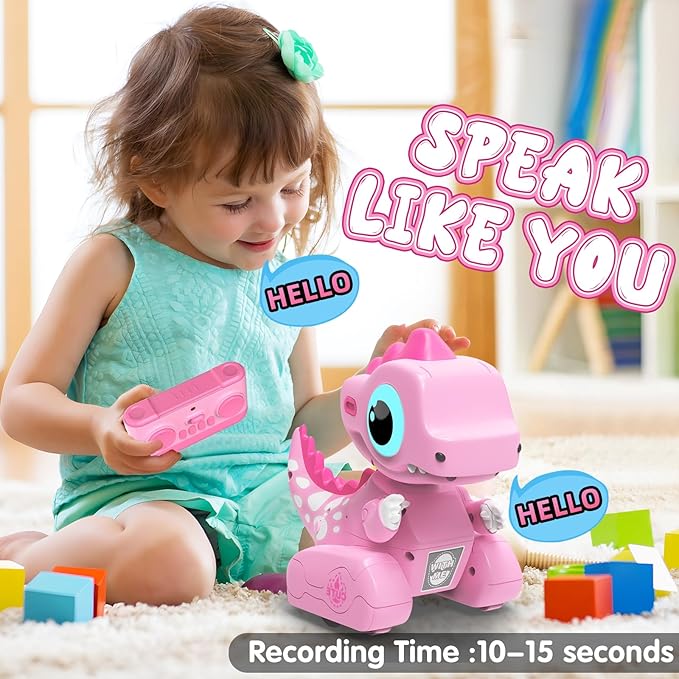 Remote Control Car, 2.4GHZ Remote Control Pink Dinosaur Toys for Kids 3-5, Recording and Repeating LED Lights Eyes Music RC Dinosaur Cars Toys for Girls Boys Birthday Gift